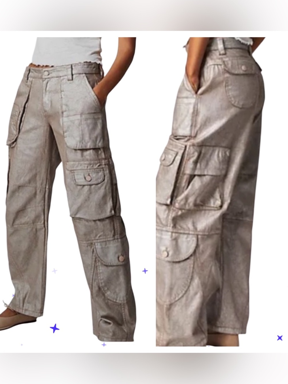 FREE PEOPLE LAP OF LUXURY METALLIC CARGO PANTS CHAMPAGNE TOAST SIZE 26